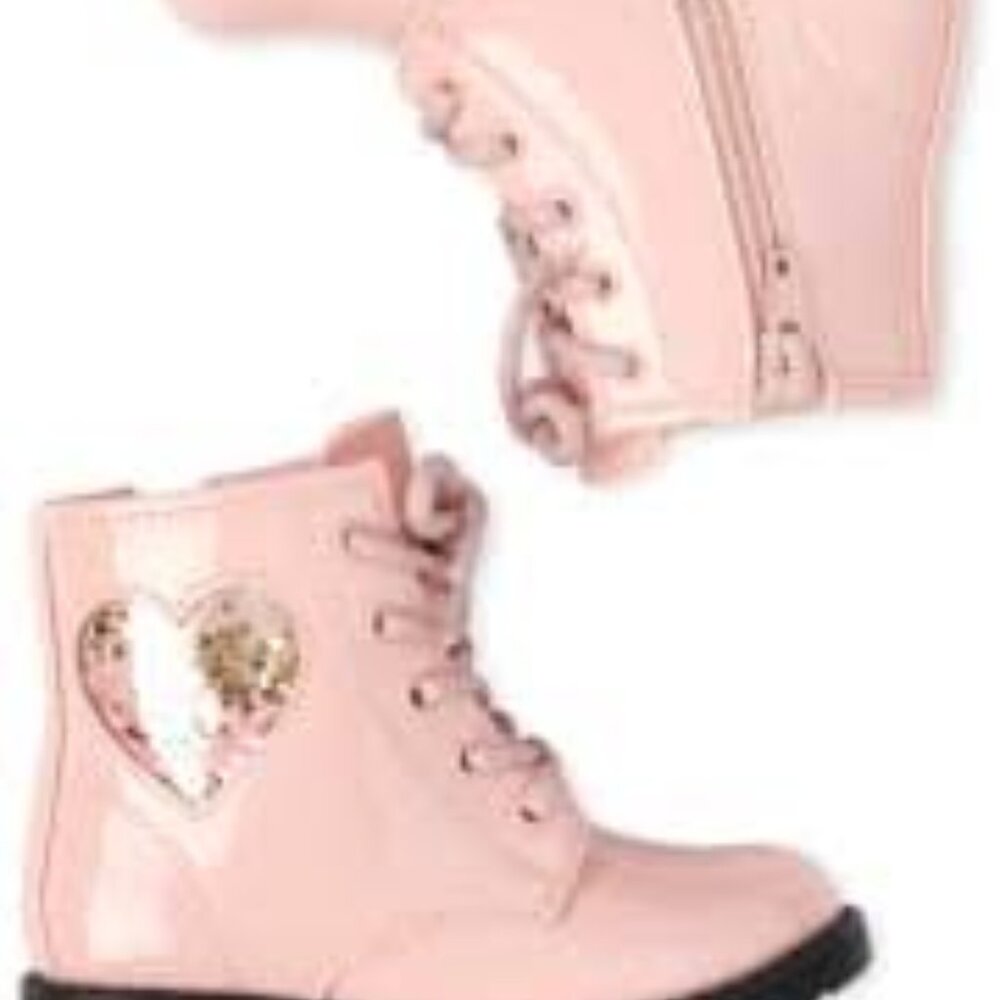 Pink Girls Lace Up Boots with Glitter Hearts
